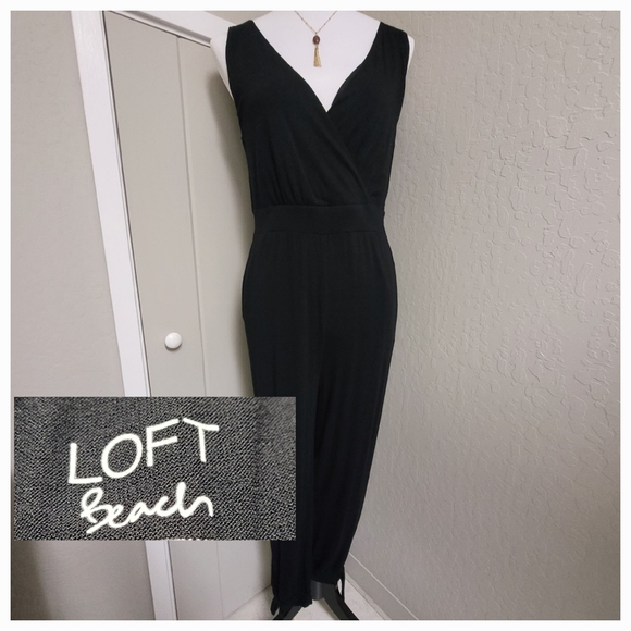 Loft Beach Black Jersey Knit V Neck Tie Cuff Jogger Jumpsuit Coverup S - Picture 2 of 13